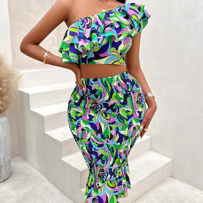 Summer Bohemian Women Vintage PrintTwo Piece Set Elegant Ruffled Sleeve Short Tops + Pleated Midi Skirt 2Pcs Suit Female Ne