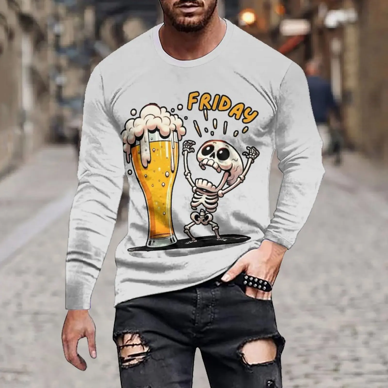 Summer Autumn 3D Men's long sleeved T-shirt Leisure Simulation Simple Irregular Cartoon Cute Printed Round Neck Men's Clothing ﻿