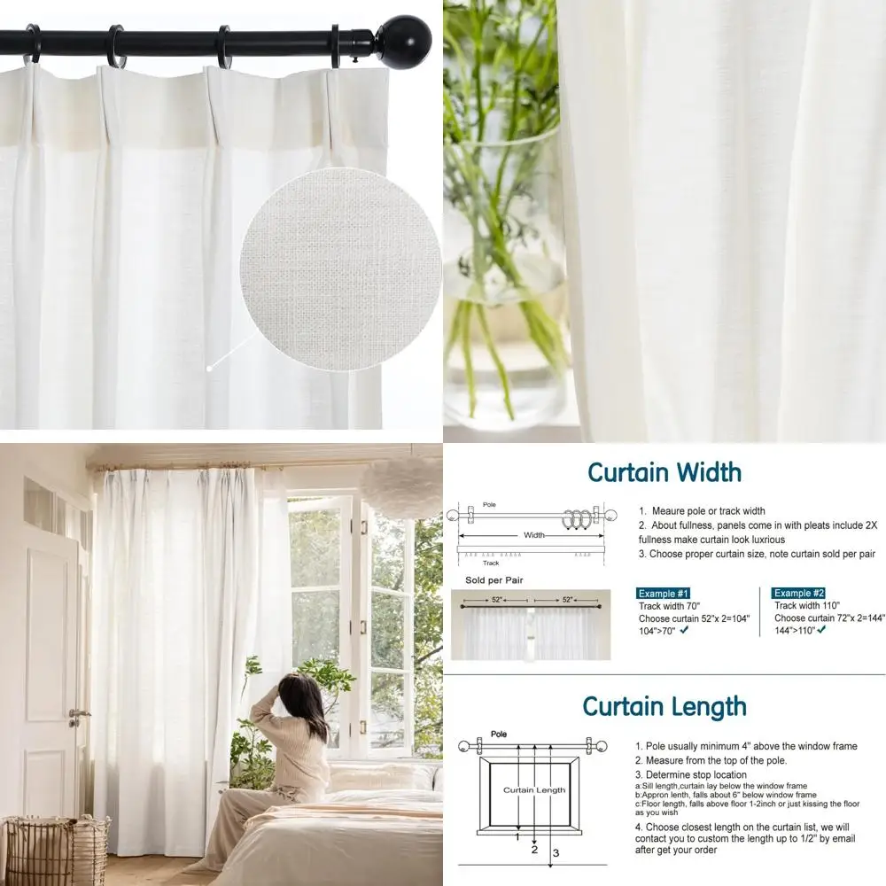 ستائر تعتيم من الكتان الأبيض 102 طويلة، ثنيات قلم رصاص، مبطنة، 42 واسعة، مجموعة من لوحتين، ألواح ستائر النوافذ #1