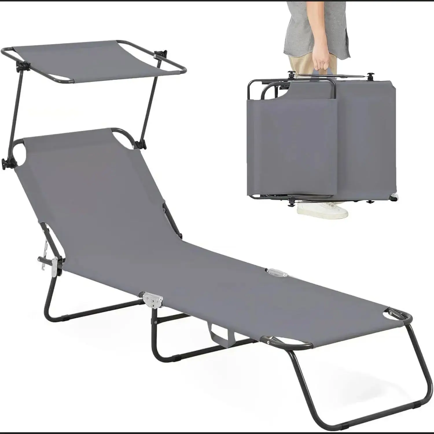 Juego de 2 tumbonas con techo solar y almohadilla, silla plegable para jardines, patios y playas