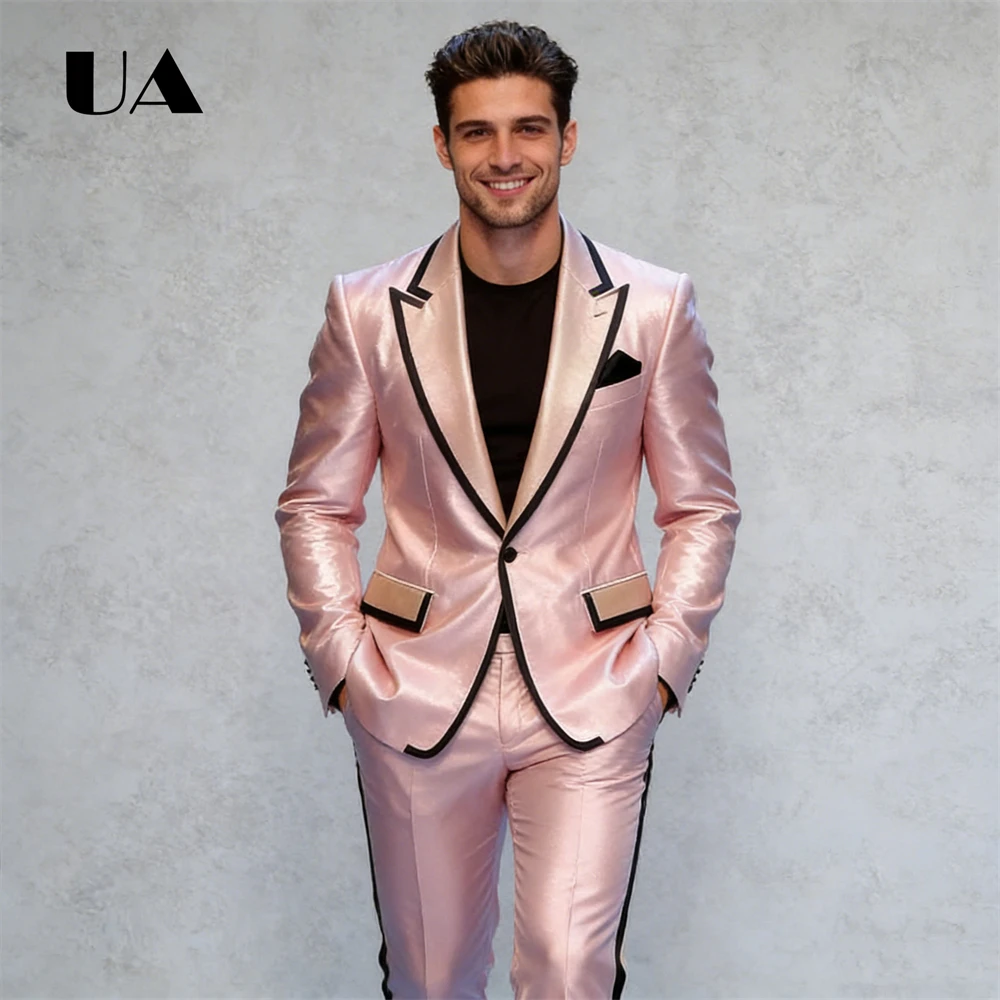 Pearl Pink Silky Satin Two Piece Formal Suit for Men from XXS to 7XL, One Button Regular Fit Men's Prom Siut Attire Performance