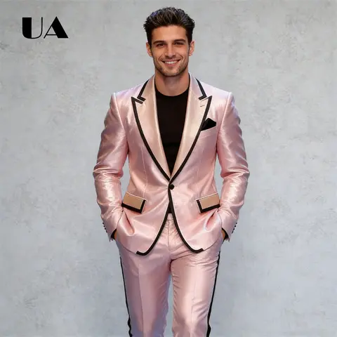 Pearl Pink Silky Satin Two Piece Formal Suit for Men from XXS to 7XL, One Button Regular Fit Men's Prom Siut Attire Performance