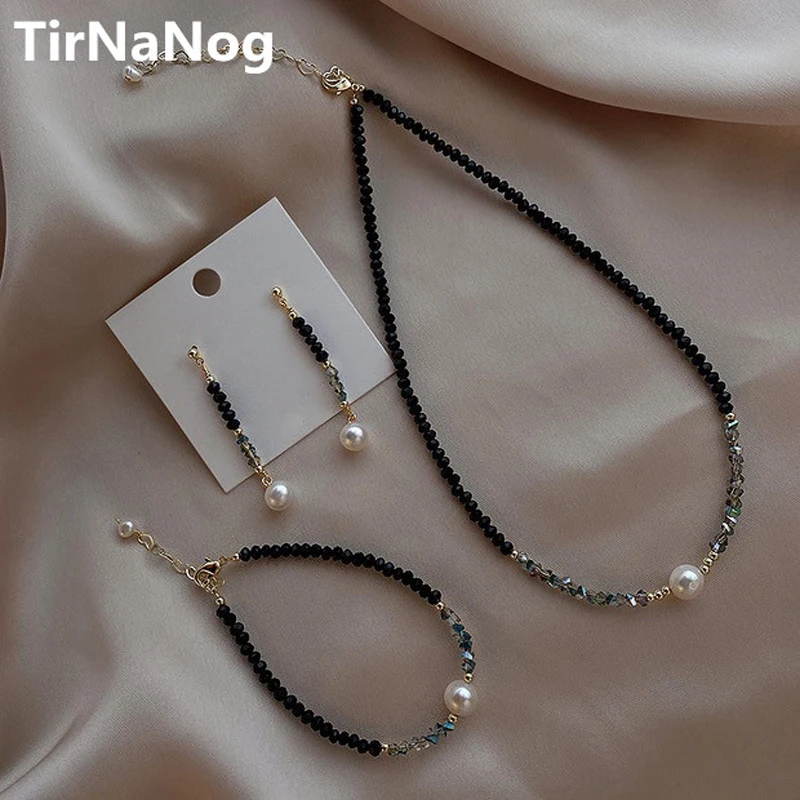 

South Korea Baroque Natural Freshwater Pearl Necklace, Fashion Classic Luxury Geometric Collarbone Black Crystal Necklace