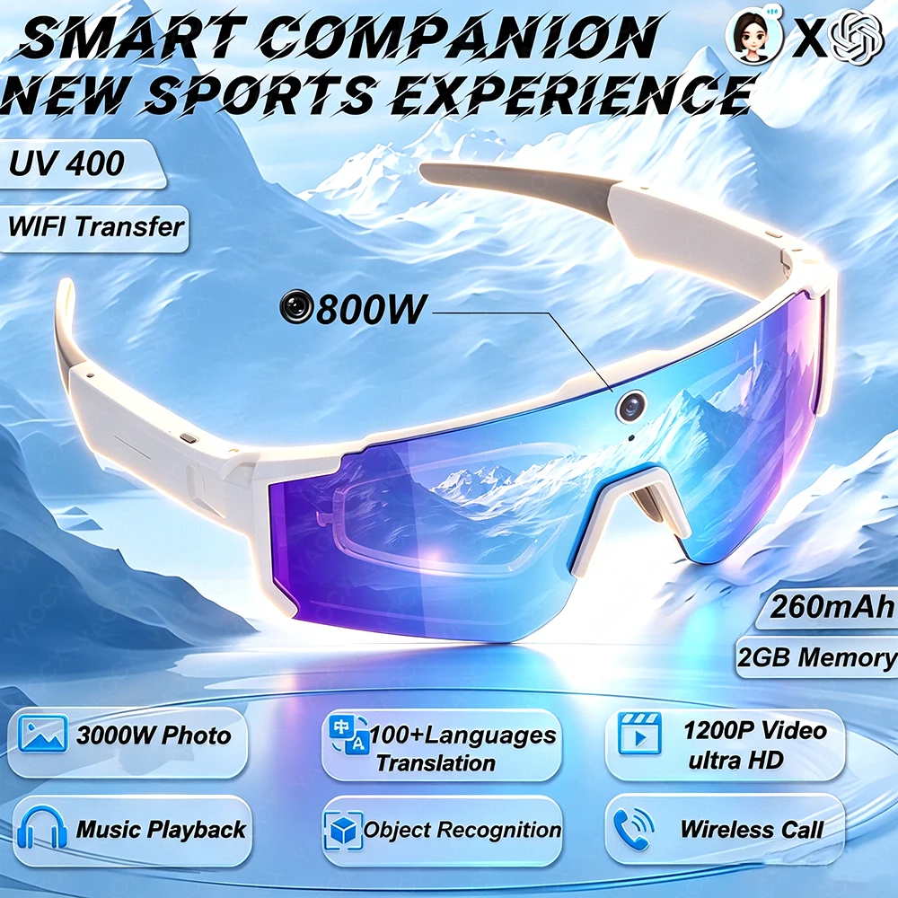 New AI Smart Sports shooting&recording Glasses 800W Camera HD Anti-shake Outdoor Riding Shooting Artifact Windproof Glasses