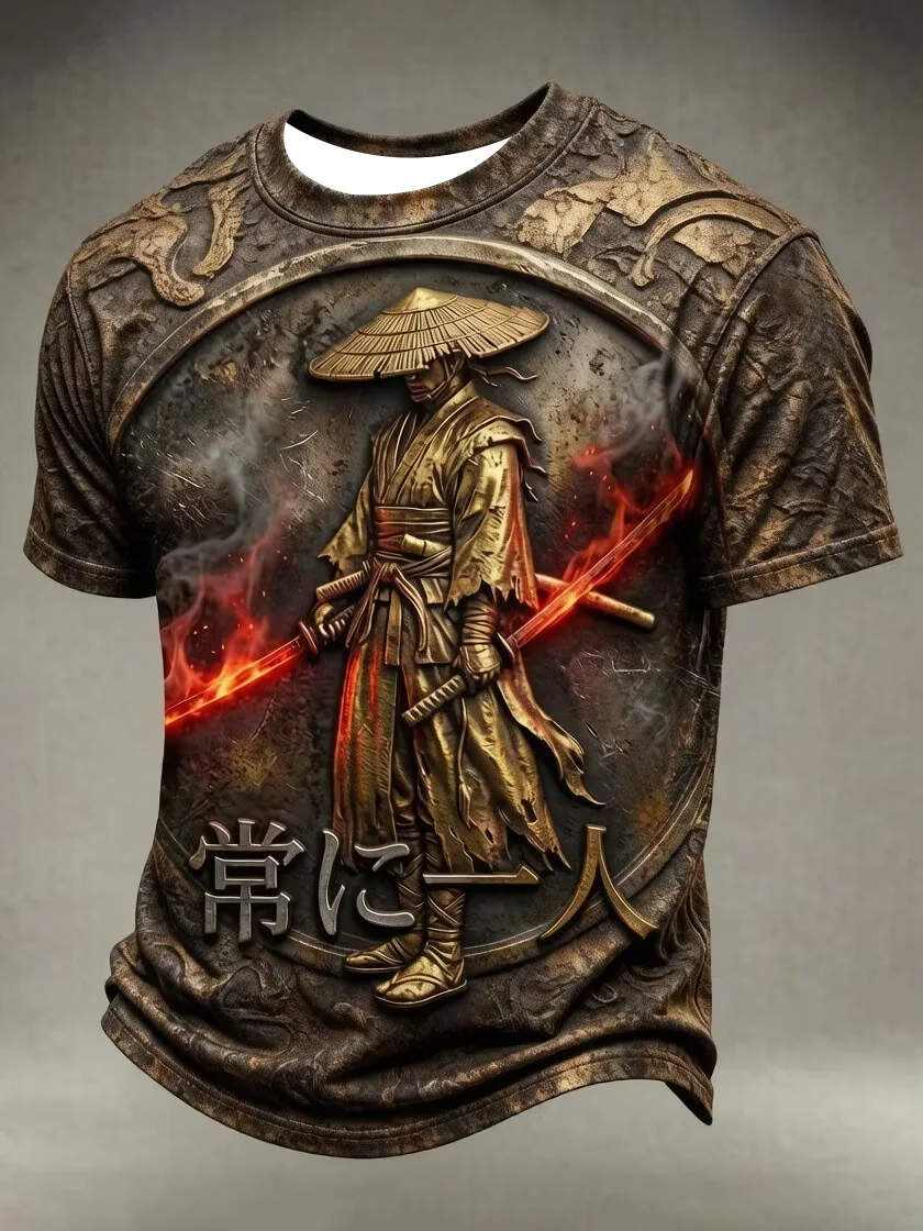 2027 Summer Men's Best-selling Japanese Samurai Culture Printed 3D Pattern Moisture-Wicking Family Version Casual T-Shirt Top