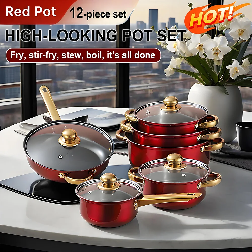 

12Pcs/Set Stainless Steel Red Cookware Set Non-Stick Pan Stock Soup Pots Casseroles Cooking Pot Kitchen Utensils Cooking Tool