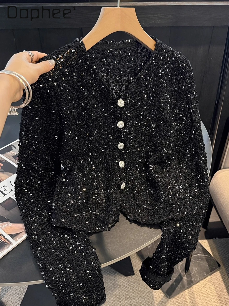 

Лето 2025 г., новый элегантный вязаный топ во французском стиле с тяжелыми пайетками, женский элитный модный дышащий блестящий кардиган с короткими рукавами и длинными рукавами
