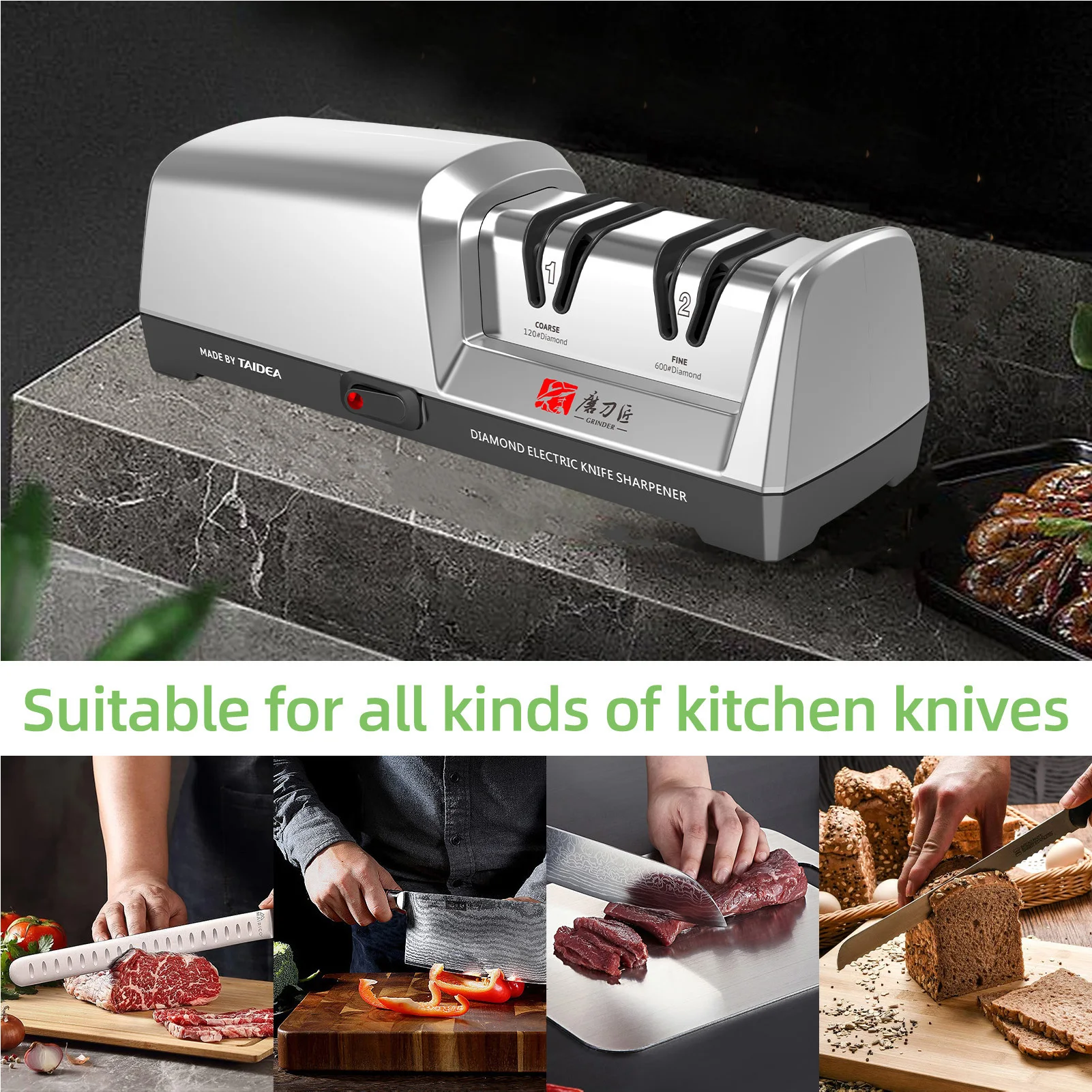 

TAIDEA TG2302 Electric Knife Sharpener 15 and 20 Degrees 3-Stage System Stainless Steel Knife Sharpener for Kitchen Knives