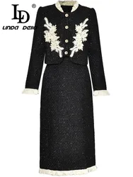 LD LINDA DELLA Autumn Winter Women's Suit Embroidery Patch Designs Single-breasted Tops+ Side Split Slim Skirt Black 2 piece set