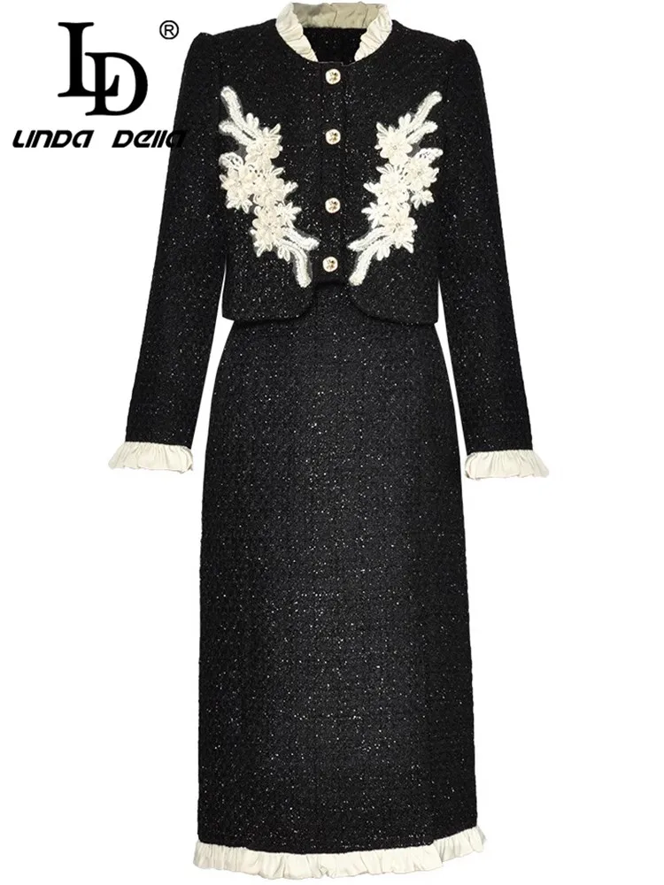 LD LINDA DELLA Autumn Winter Women's Suit Embroidery Patch Designs Single-breasted Tops+ Side Split Slim Skirt Black 2 piece set