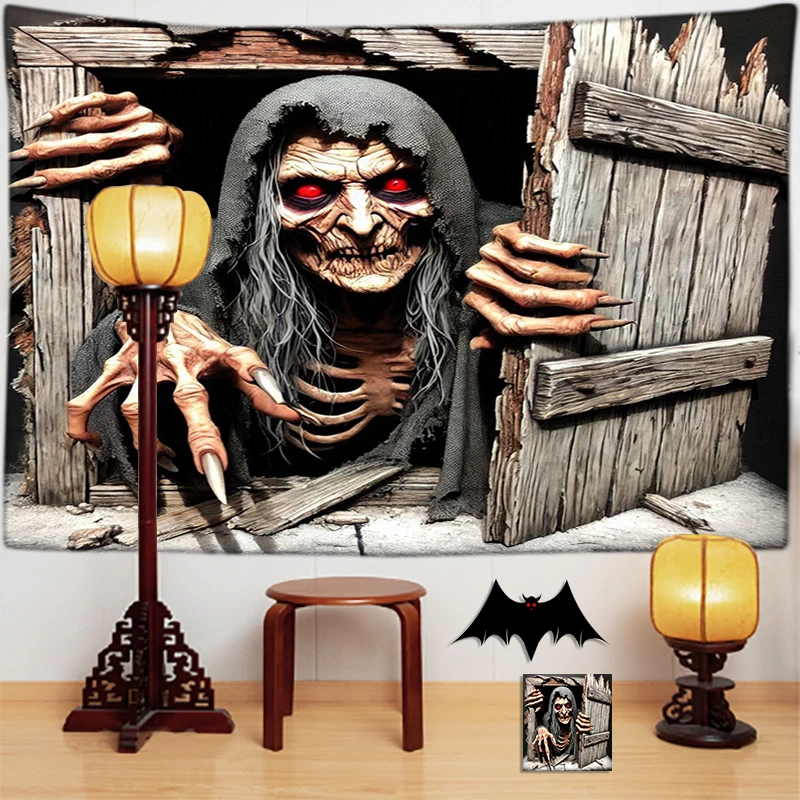 Halloween Witch Wall Tapestry Horror Art Creepy Face And Claws Design Scary Decor For Living Room And Party Space