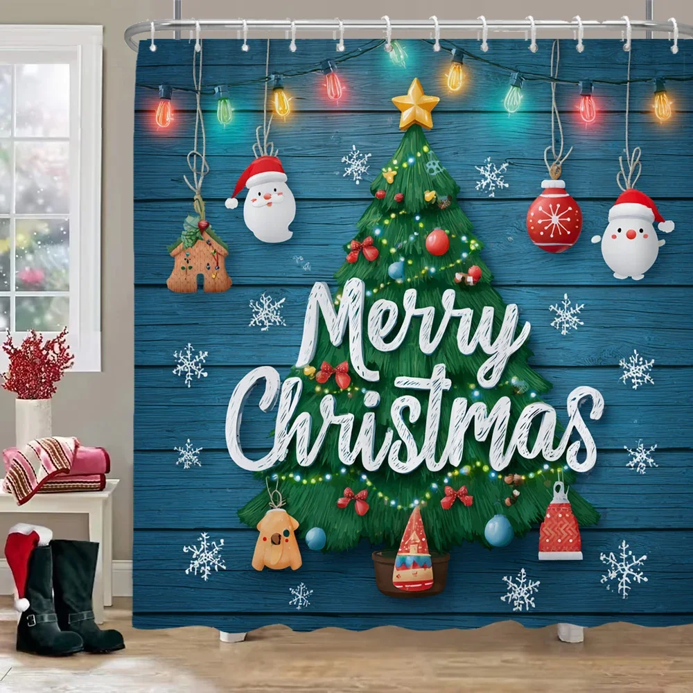 Merry Christmas Shower Curtain，Cartoon Christmas tree, Santa Claus Shower Curtain with Hooks Bathroom decorative shower curtain