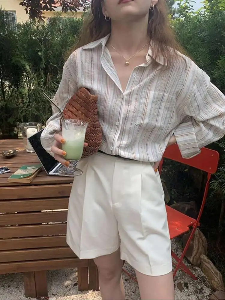 Camicie da donna a righe vintage coreane a maniche lunghe progettate in cotone estivo con bottoni larghi Camicia oversize da donna Nuovo B9OW