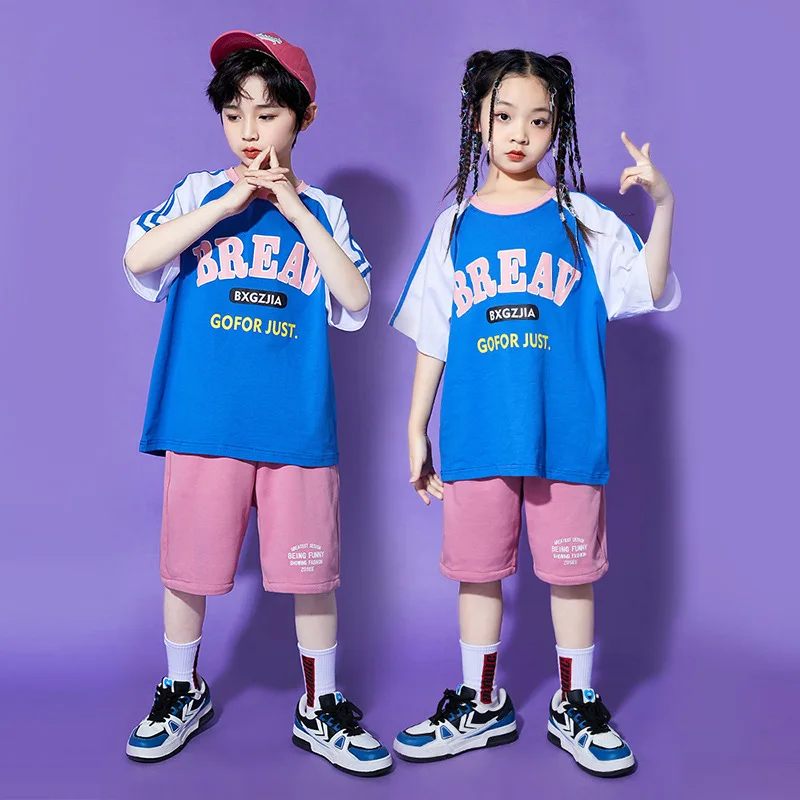 Girls Boys Clothes Summer Crewneck Letter Print Patchwork T-shirt Pullover Elastic Waist Shorts 2pcs Dance Costume Kids Kip-kop