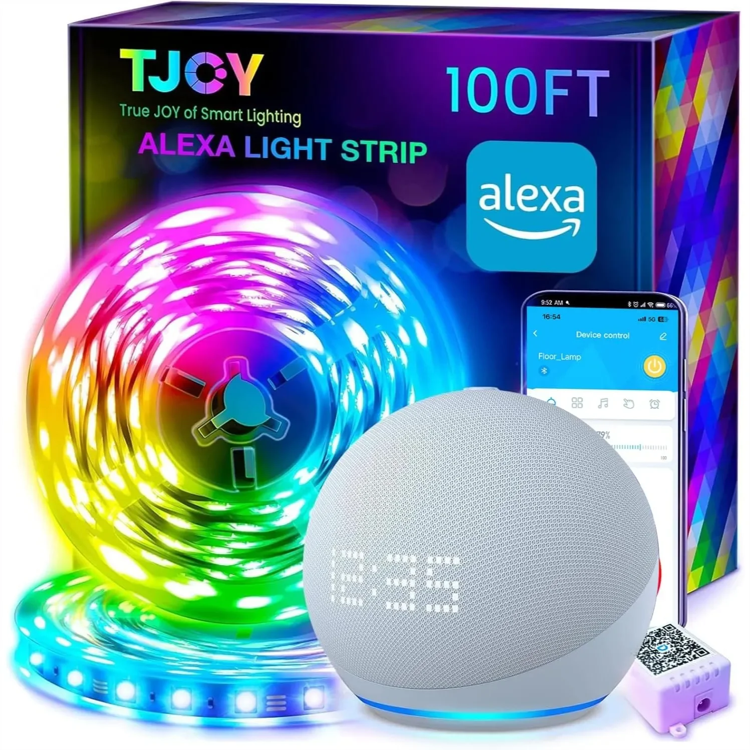 

100ft Smart LED Strip Lights for Bedroom, Work with Alexa, Music Sync RGB with App Remote