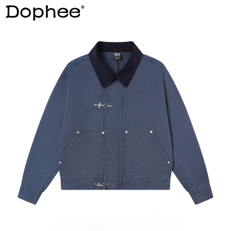 

Men's American Style Retro Lapel Jackets Men Women 2025 Autumn New Metal Short Style Coats Loose Comfort Long Sleeve Trendy Tops