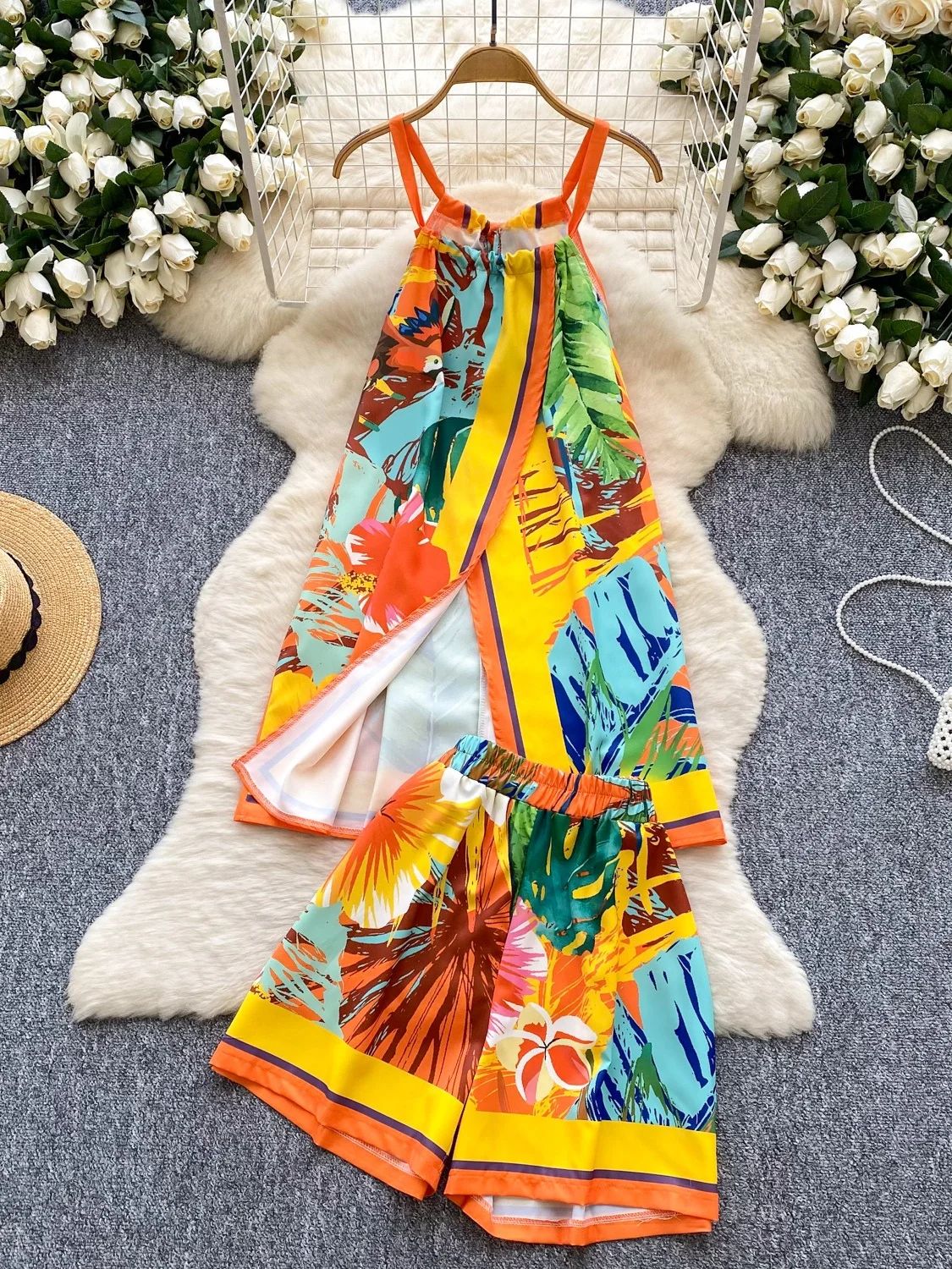 

Retro Vaion Wear Women's Summer Loose Open Split ter Print Top High Waist orts Faionable Two-Piece Set V-Ne ort...