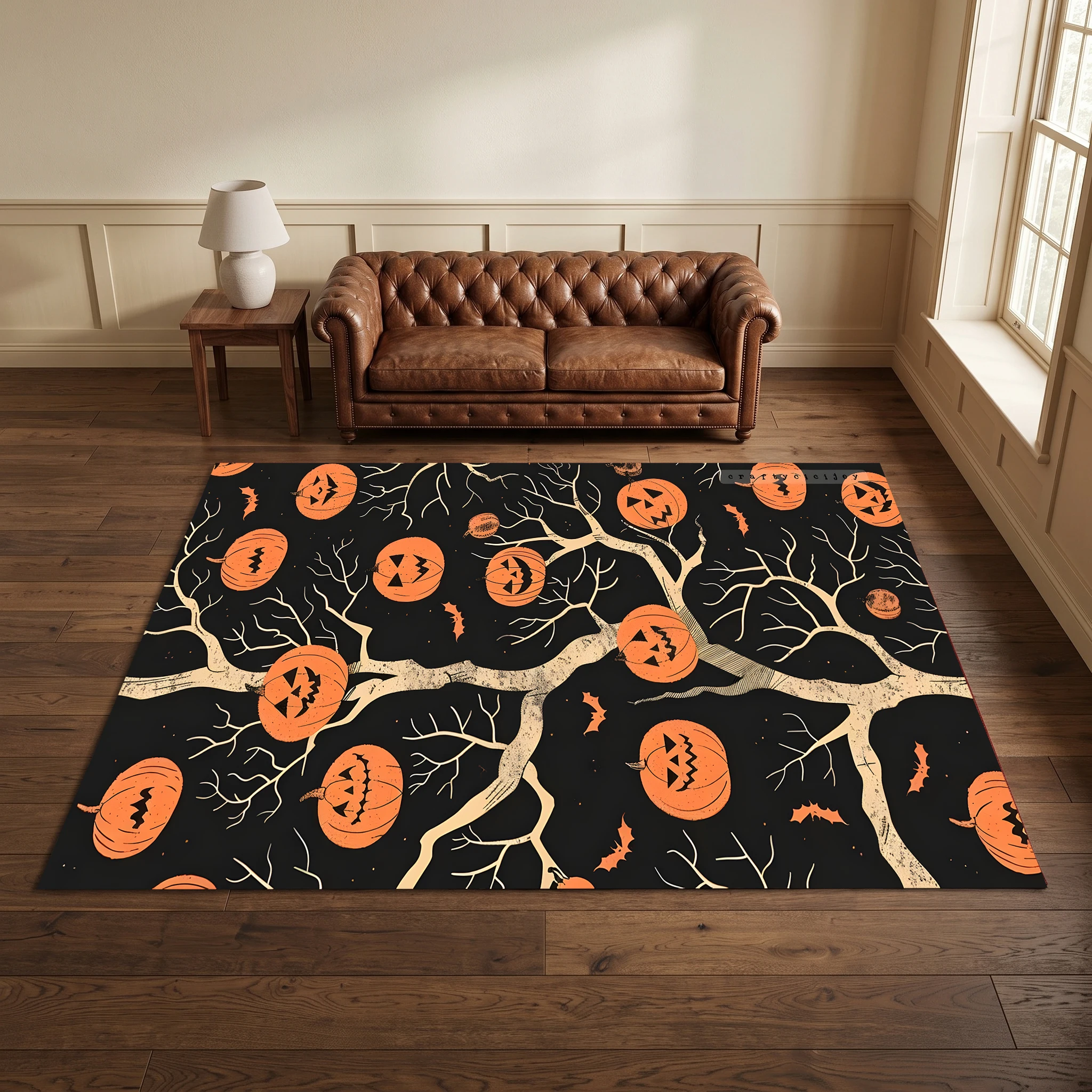 Cartoon Ghost Pumpkin Halloween Slogan Velvet Area Rug, for Entryway Living Room Bedroom, Autumn Winter