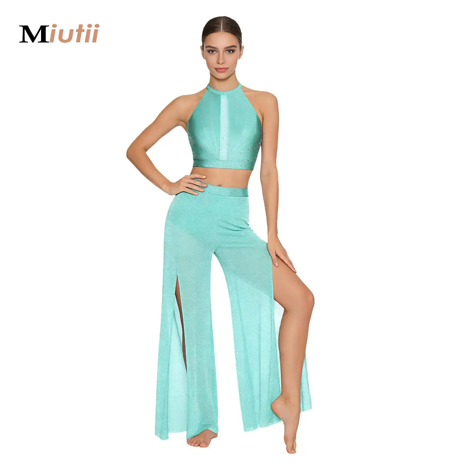 

Elegant Classical Dance Suit Women Modern Contemporary Lyrical Dance Practice Mesh Tops Pants Suit Ballet Performance Wear