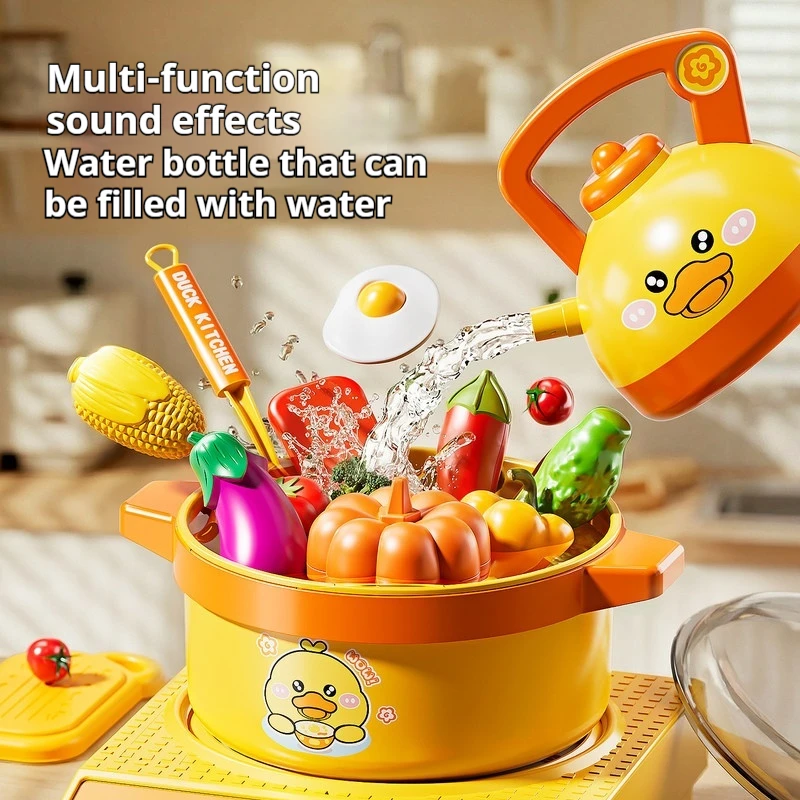 Duck Themed Pretend Play Kitchen Set Simulation Cookware Pot Kettle Vegetable Playset For Role Play Game Holiday Gift