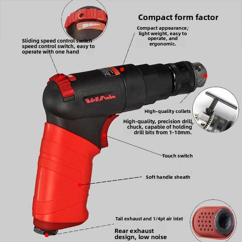 Taiwan Imported Adjustable-Speed Air Drill Pneumatic Tool Single-Speed 3/8 Inch 10mm High-Speed Pneumatic Drill Wd-3312