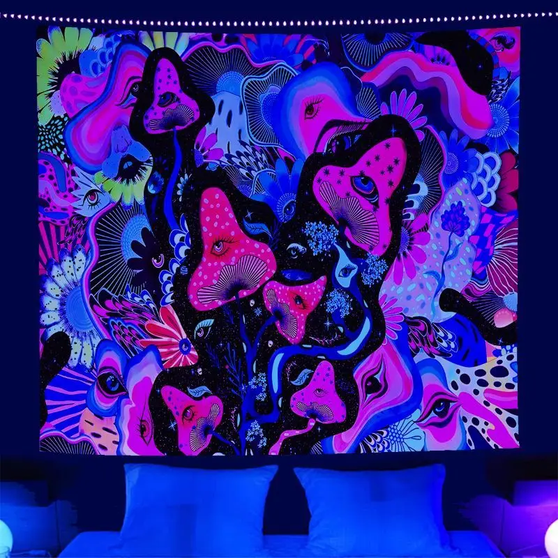 Psychedelic Marine Life Tapestry Neon Fantasy Ocean UV Glow Wall Hanging Hippie Boho Bedroom Dorm Decor