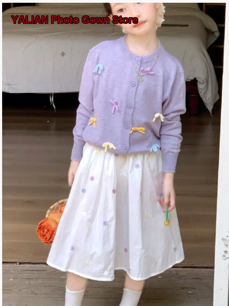 Girls Cardigan Spring Autumn Solid Color Knit Jacket Stylish Floral Half Skirt Kids