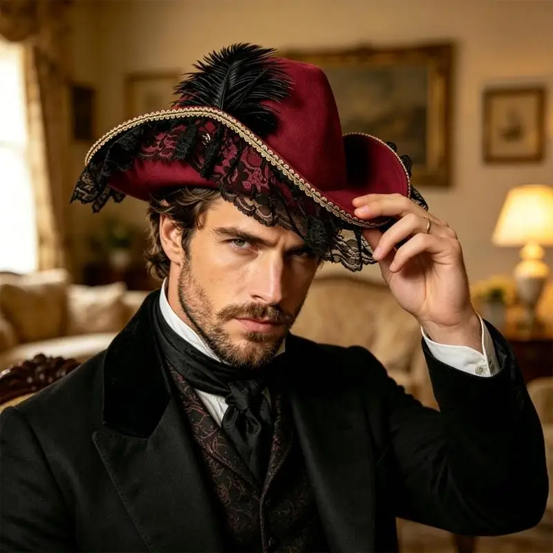 A52E Classical Unisex Pirate Hat with Delicate Lace And Accents Role Play Cosplay Hat For Halloween Party