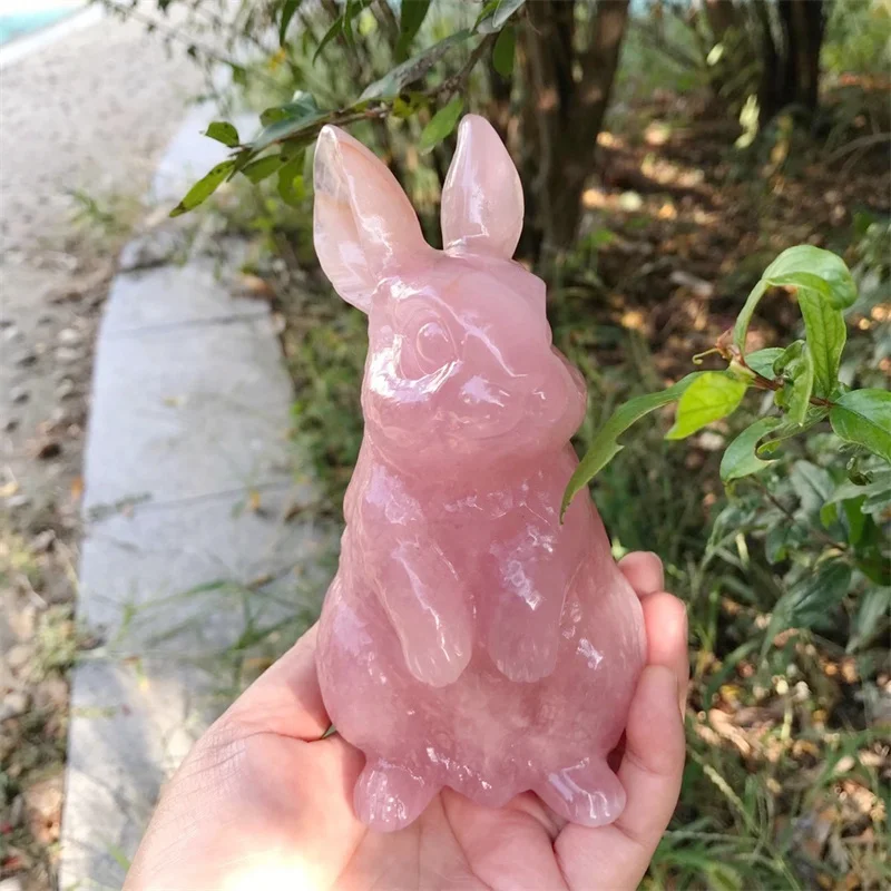 14.5cm Natural Rose Quartz Crystal Rabbit Carving Healing Animal Figurine Gemstone  Reiki Quartz Home Decoration Gifts 1pcs