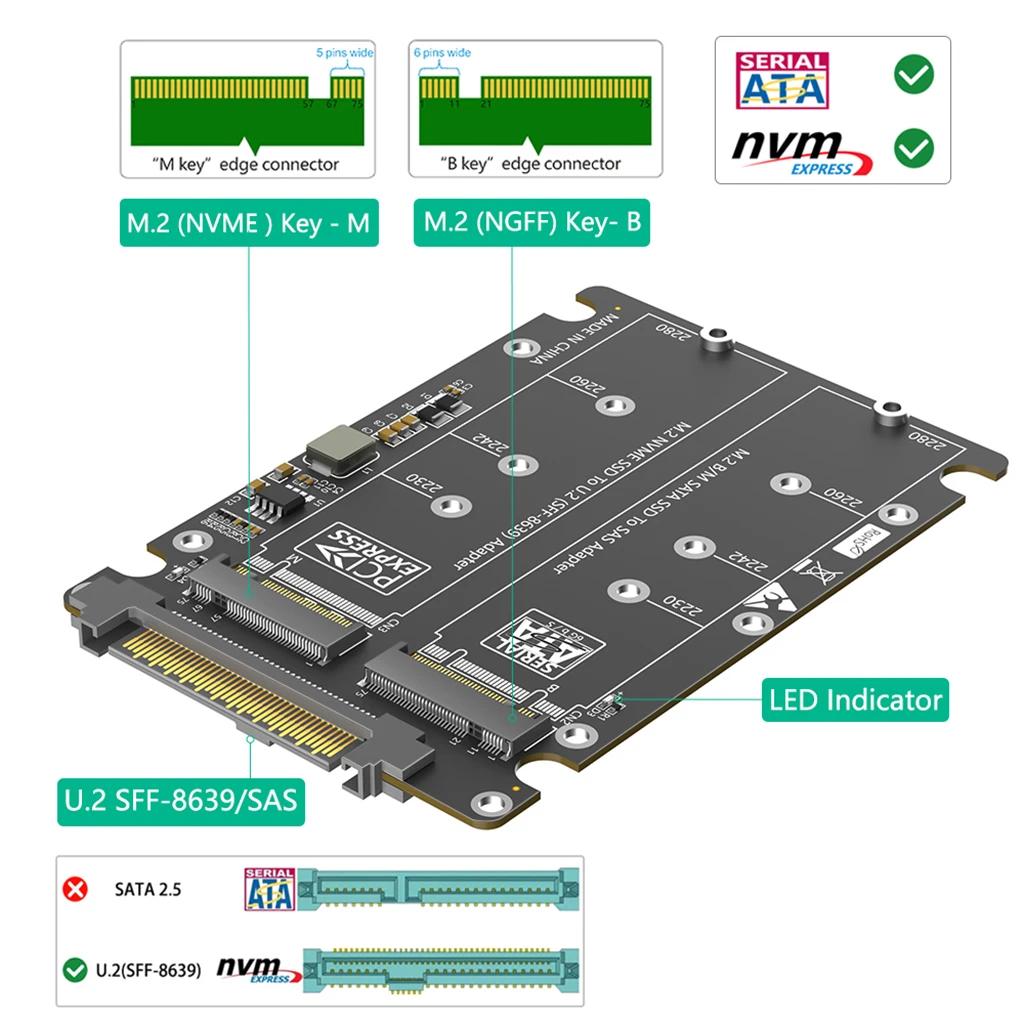 Dual M.2 Key B+M to U.2 SFF-8639 Adapter With Plastic Enclosure For M.2 NVMe Key M&SATA SSD M2 to U.2 SFF8639/SAS Converter Card