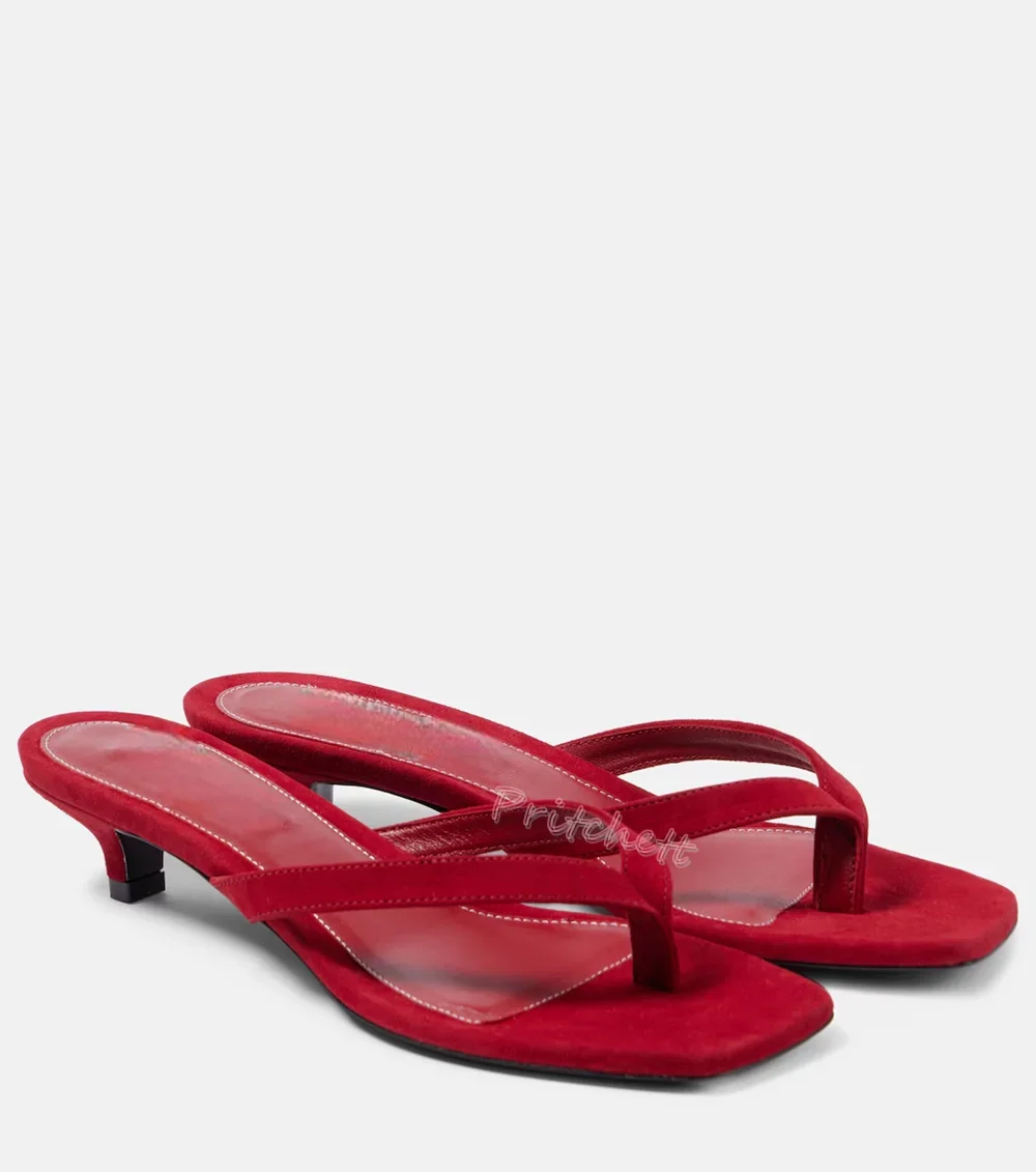 

Red Solid Suede Thong Slippers Square Open Toe High Heels Pull-on Women Sexy Mules Summer Slip-on Split-toe Dress Outdoors