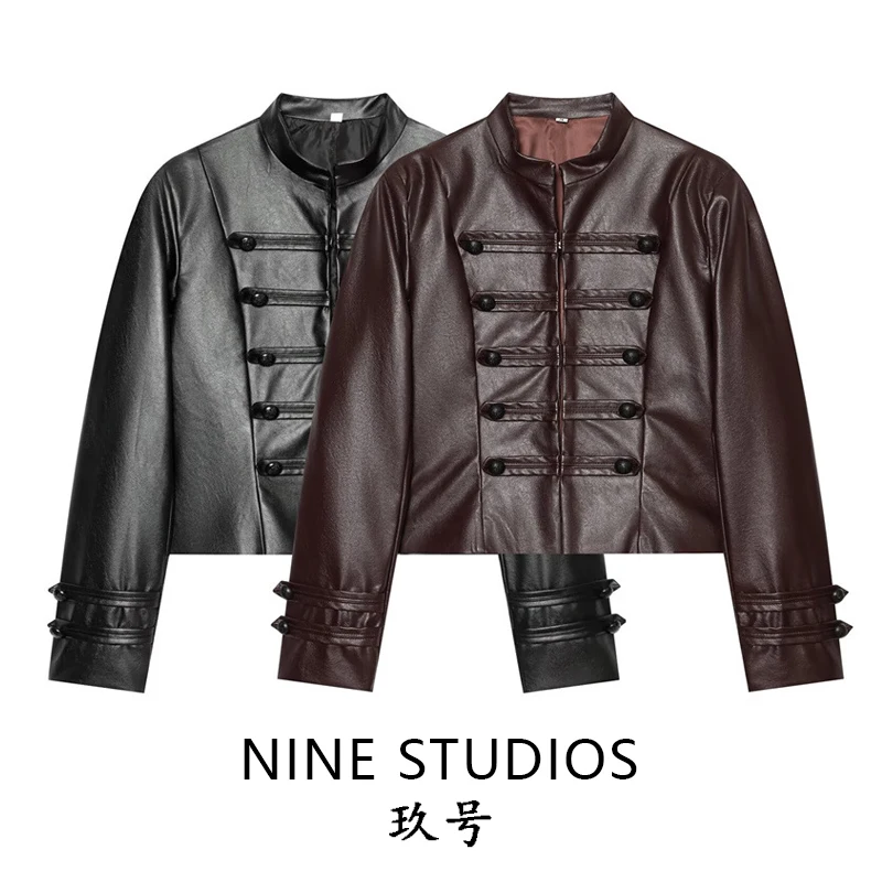 Loose Leather Jacket Stand Collar Rope Knot Buckle Women's Outerwear Top Short Length Long Sleeve Winter Fashion