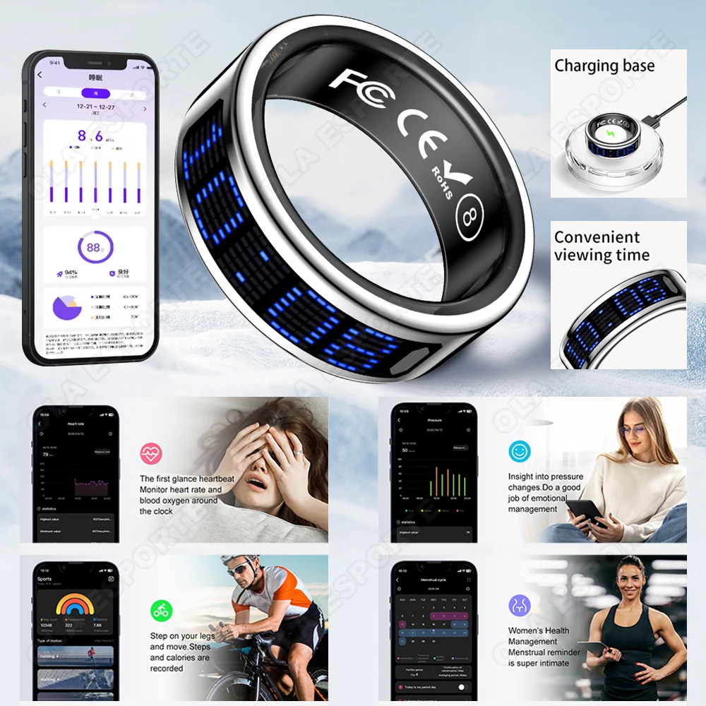 

Display Screen Smart Ring Waterproof Pedometer Heart Rate Sleep Monitoring Multiple Sports Modes Fitness Rings For Android IOS