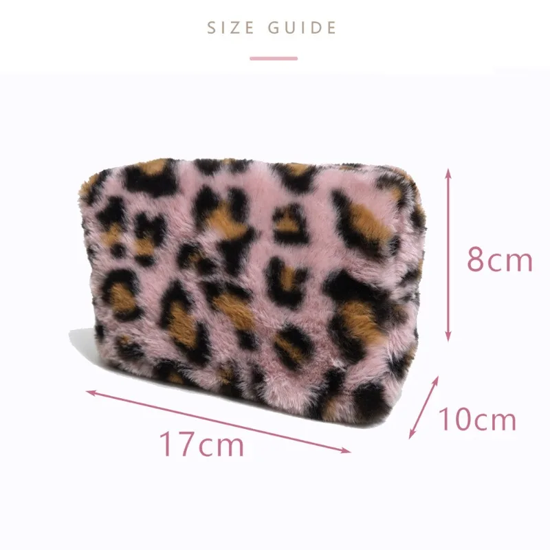 Ins Style Faux Mink Plush Makeup Bag with Bow Soft Fluffy Leopard Print Portable Clutch Cosmetic Storage Pouch Case