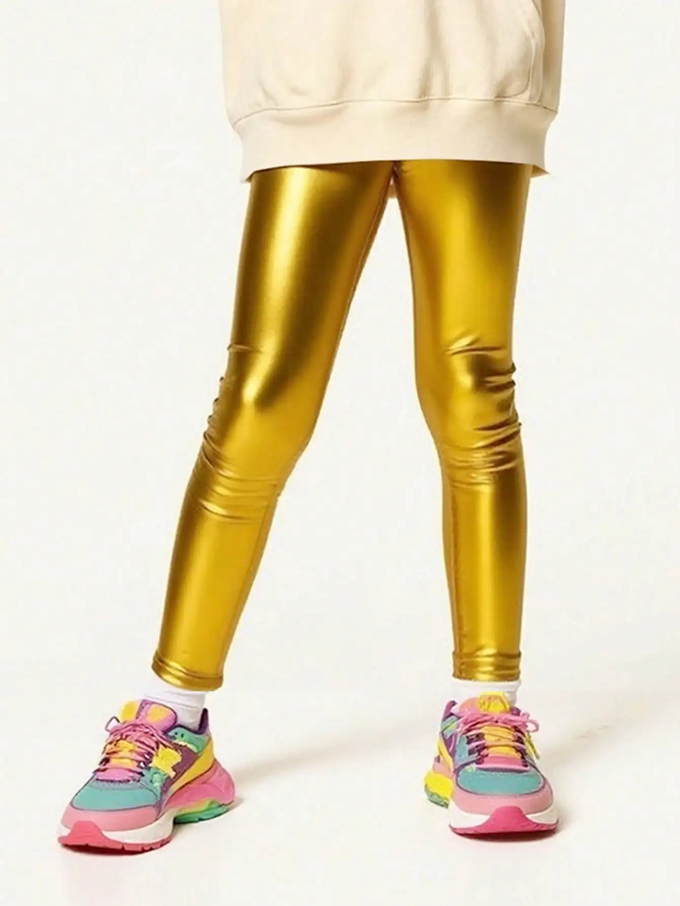 1Pc Kids Girls Metallic Shiny Leggings Slim Fit Gold Stage Performance Dance Pants Thin Stretch Trousers For 2‑11Y Daily Wear