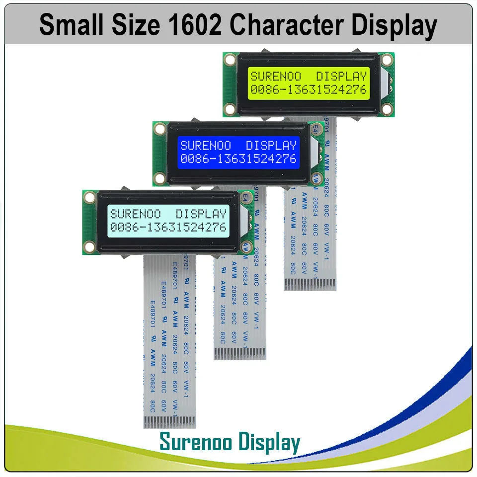 Surenoo 162 16X2 1602 Moduł LCD z mniejszym znakiem Ekran LCM STN Żółty Zielony Niebieski Ujemny Biały Żółty Podświetlenie LED