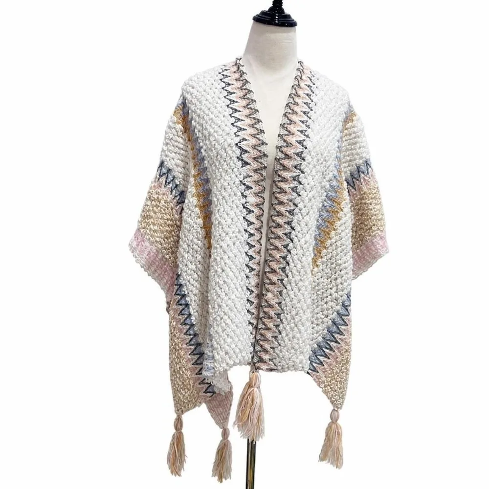 Retro Striped Pattern Knit Poncho Cape Ethnic Print Oversized Tassel Knit Shawl Open Front Warm Open Front Poncho Autumn Winter