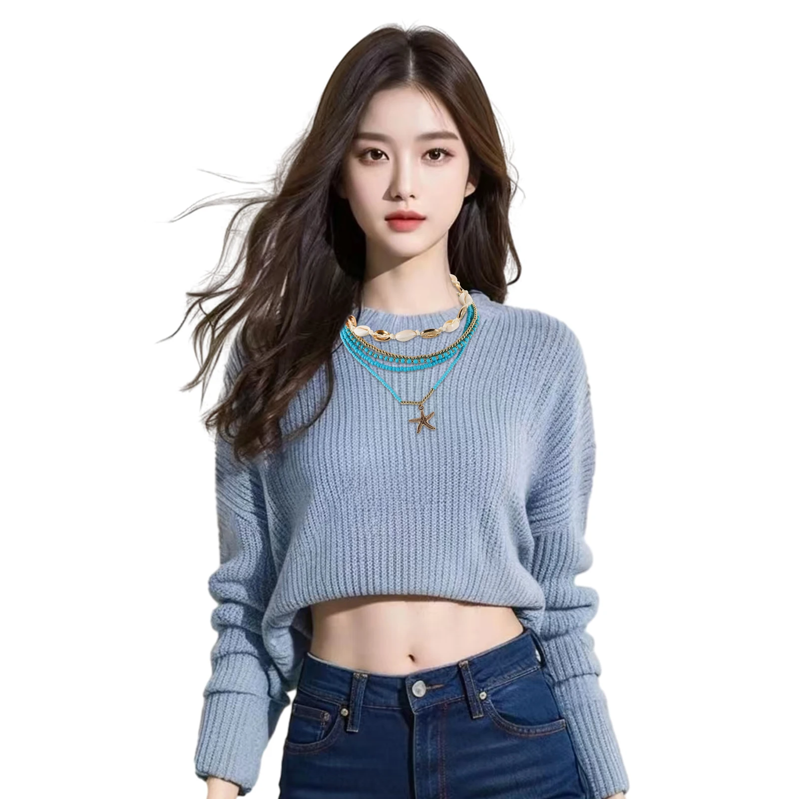 

5Pcs Bohemian Style Necklace Set Layered Seashell Star Fish Beaded Chain Women's Fashion Coastal Jewelry Casual Elegant Look