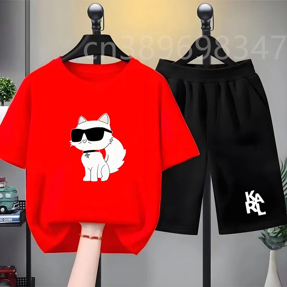 Summer Children Short Sleeve Cool Black Cat White Cat Print Suitable Tshirt+Shorts Age 3-12 Girls Boy 2pcs Leisure Kids Set