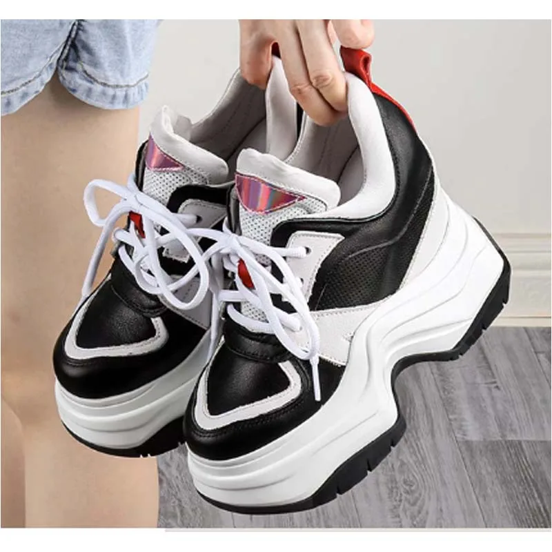 13cm women casual shoes height increasing sneakers genuine leather ladies high heels platform wedges pumps black white patchwork