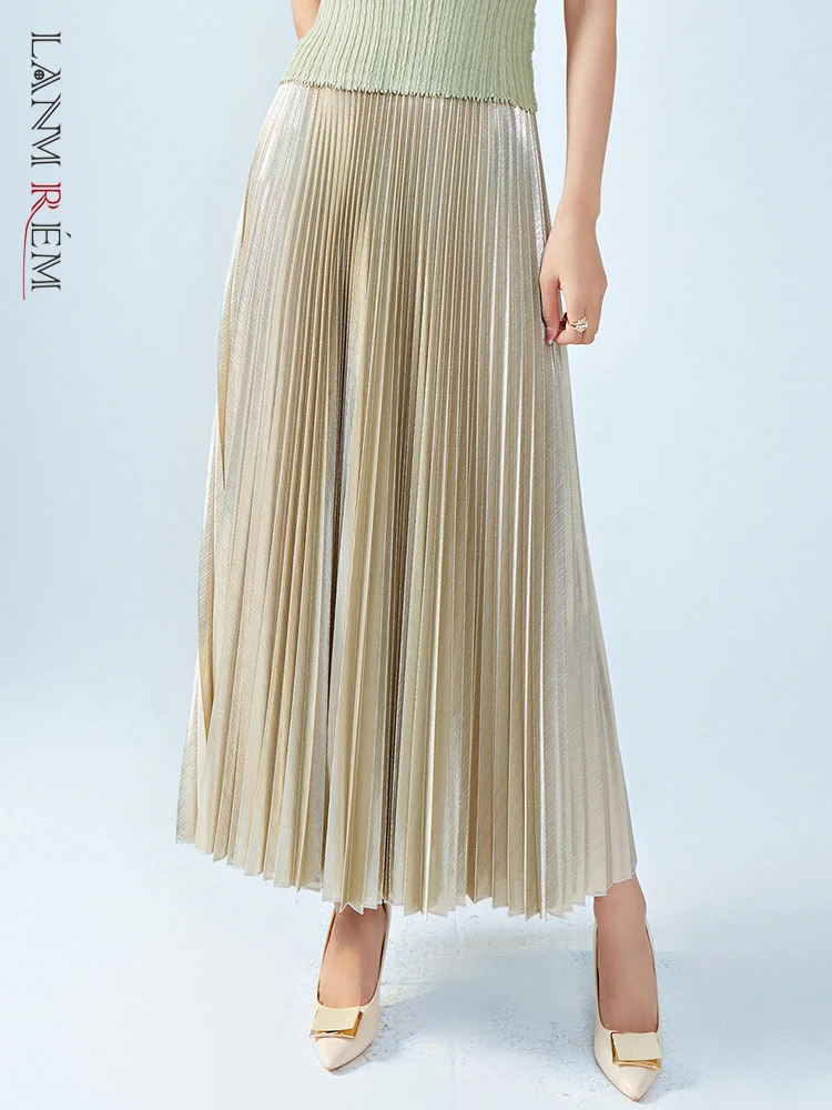 LANMREM High End Pleated Skirt For Women High Elastic Waist Solid Casual Skirts Office Lady Clothing 2023 Summer New 2YA3396