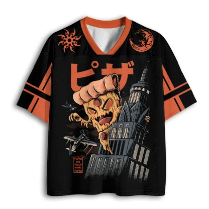 Pizza Monster Kaiju Japanese Art Print Men V Neck Mesh Jersey Retro Anime Short Sleeve Tee