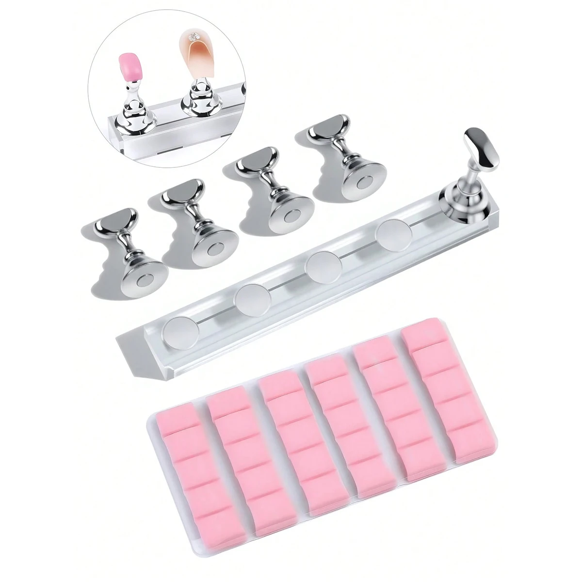 1Set Silver Chessboard Nail Art Stand With Rubber Clay Set Acrylic Magnetic Base For Nails Practice DIY Nail Art Decoration