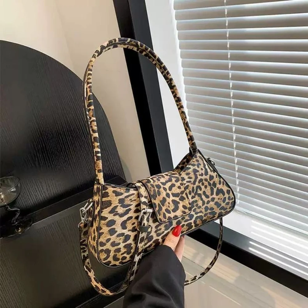 Knock Trendy Vintage PU Leather Crossbody Bags Versatile French Style Underarm Bag for Women Brown Black Leopard Handbag