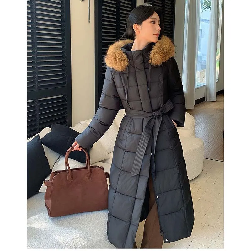 

Winter Jacket Women's Fur Collar Hooded X-Long Coat 2026 NEW Zipper Windproof Down Cotton Clothes Thick Warm Overcoat