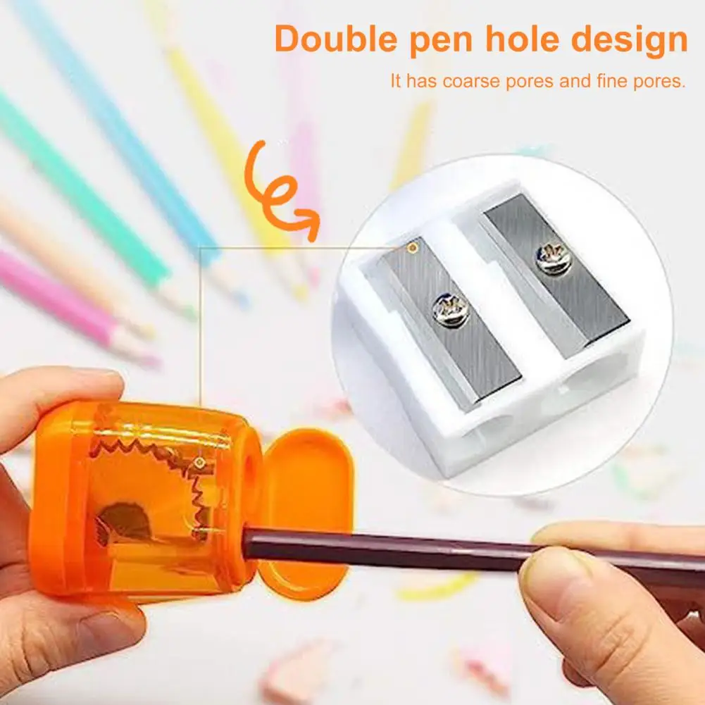 12Pcs Dual Hole Pencil Sharpeners Cute Design Carbon Steel Blades Splash-Proof Lid Container Pencil Sharpeners