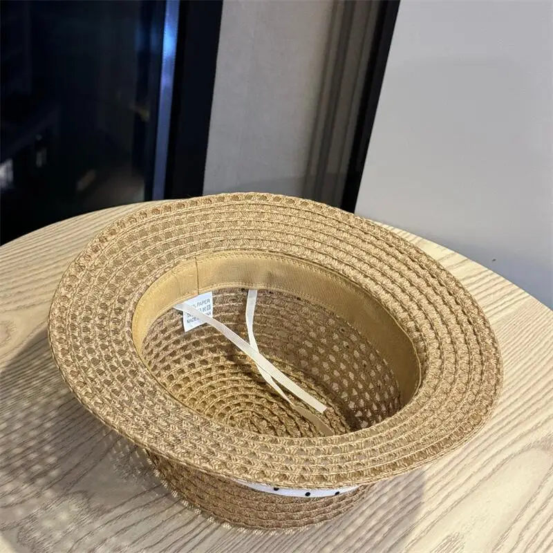 Flat Top Straw Hat Women Polka Dot Design Large Brim Outdoor Sun Protection Hat 6