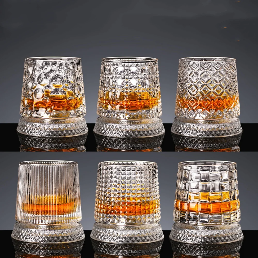 Crystal Rotating Whisky Tumblers Set - Cocktail Whiskey Glasses for Bourbon Scotch Vodka Bar Drinkware for Whiskey Drinks