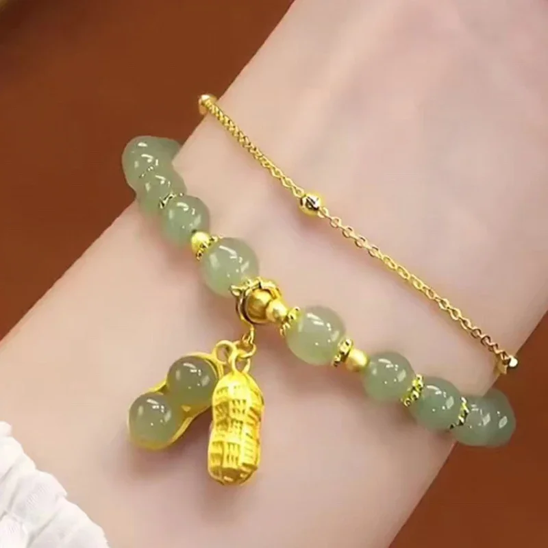 Classic and creative double layer peanut bangles Natural Hotan Jade retro bracelet for women Classical Design sense jewelry