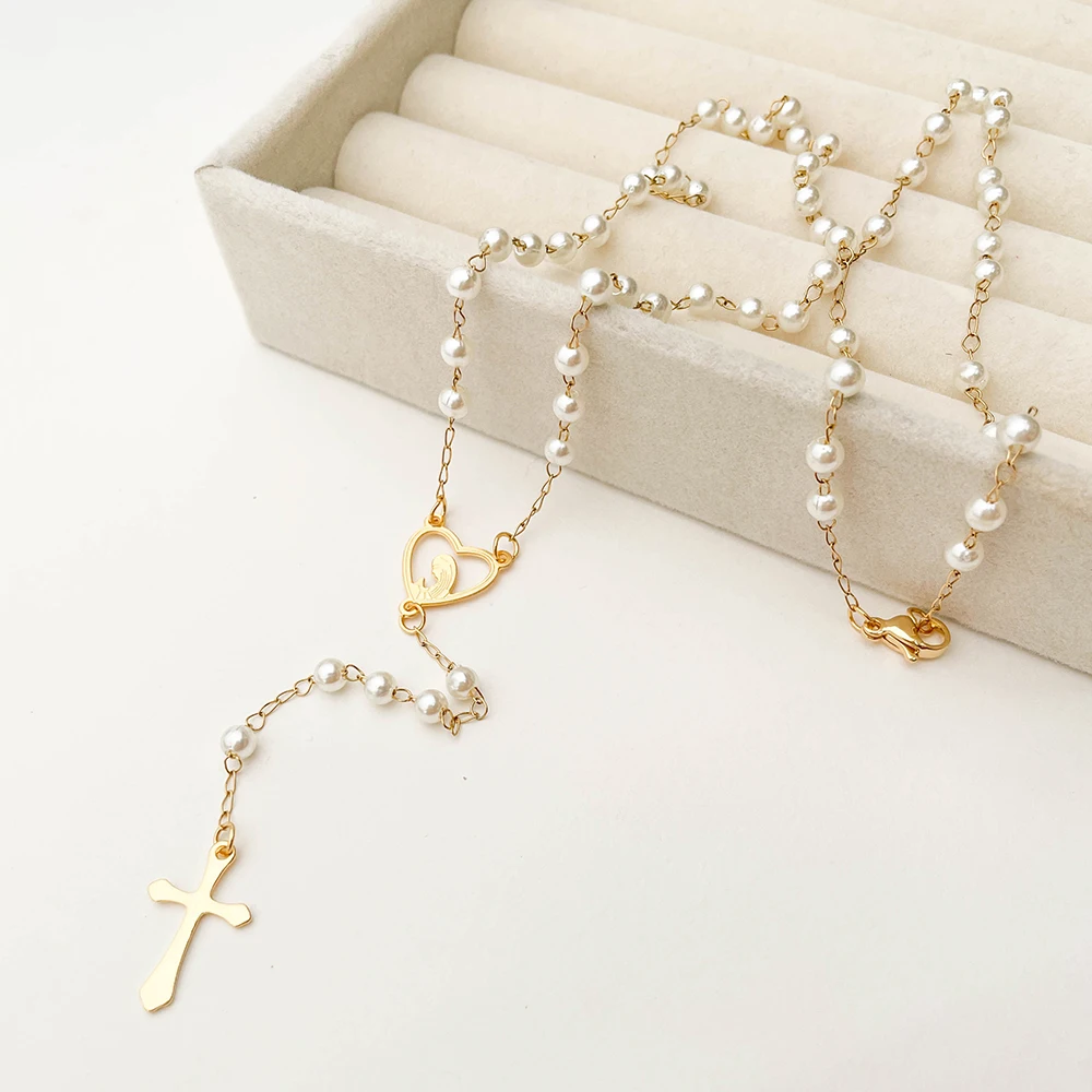 Y Shape Beads Chain Gold Color Stainless Steel Virgin Mary Cross Rosary Pendant Long Necklace Women Girls Jewelry Spiriti Pray